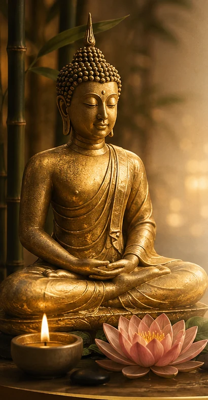 Goldener Buddha in warmer Spa-Atmosphäre