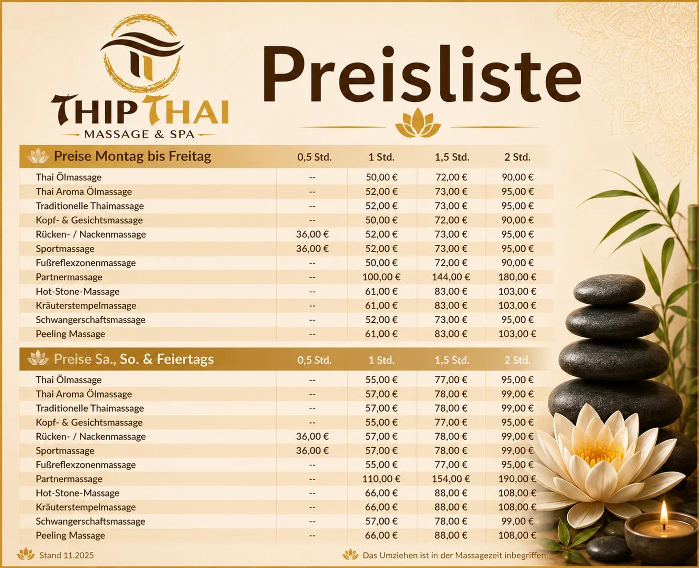 Gestaltete ThipThai Preisliste