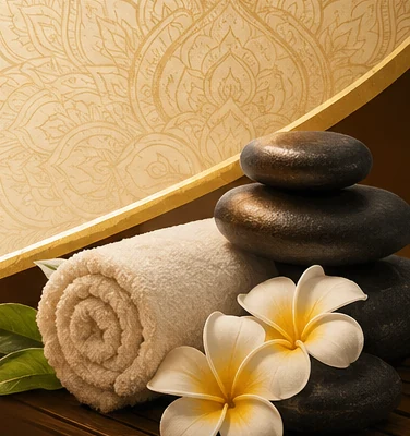 Spa-Steine, Handtücher und Blüten